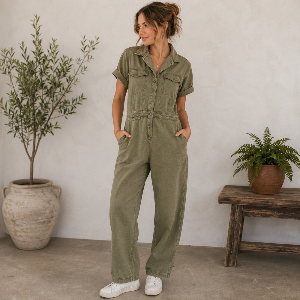 Young Fabulous & Broke Olive Green Utility Jumpsuit Short Sleeve Button Front L